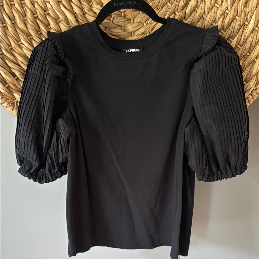 Express Black Puff Sleeve Blouse with Pleated Details